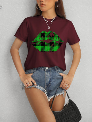 Plaid Lip Graphic Round Neck T-Shirt-Teresa's Fashionista LLC