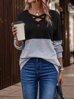 Two-Tone Crisscross Detail Sweatshirt-Teresa's Fashionista LLC