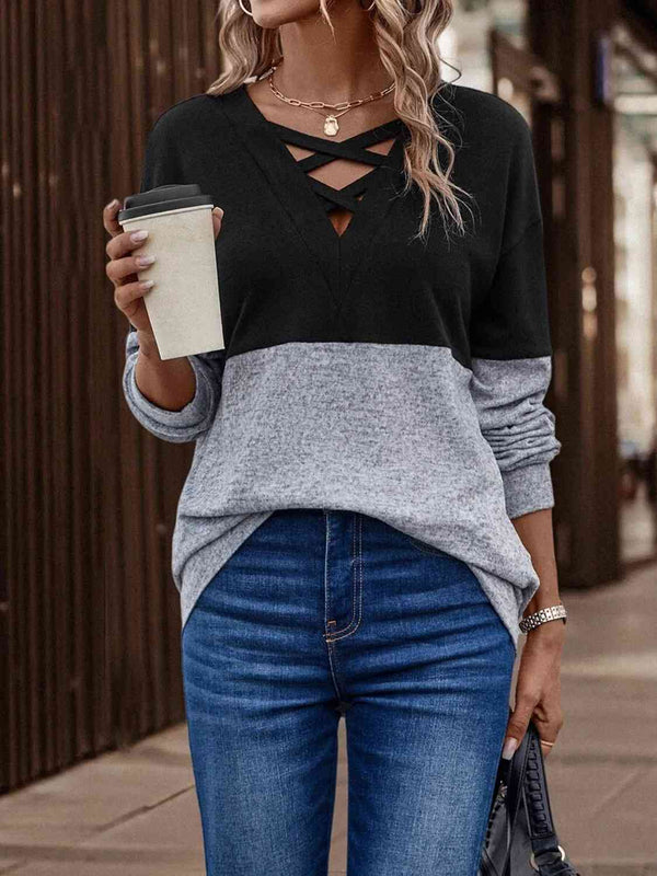 Two-Tone Crisscross Detail Sweatshirt-Teresa's Fashionista LLC
