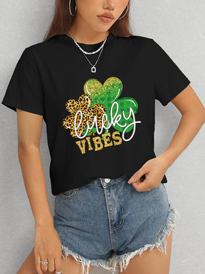 LUCKY VIBES Round Neck Short Sleeve T-Shirt-Teresa's Fashionista LLC