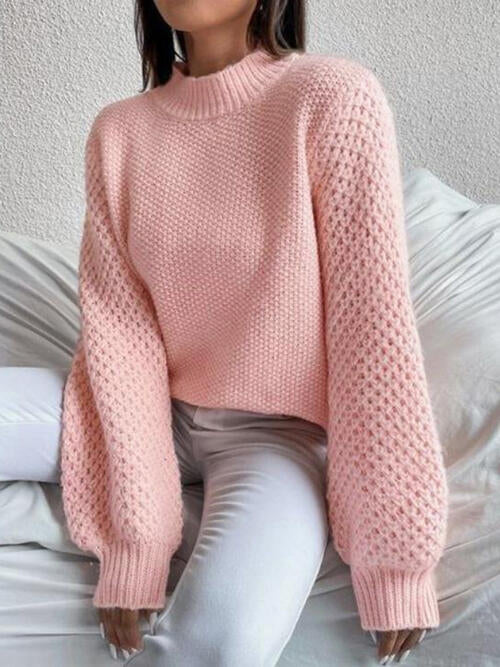 Openwork Mock Neck Long Sleeve Sweater-Teresa&#39;s Fashionista LLC