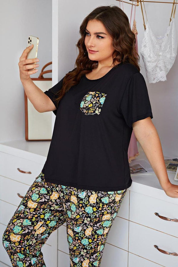 Plus Size Contrast Round Neck Tee and Floral Pants Lounge Set-Teresa's Fashionista LLC