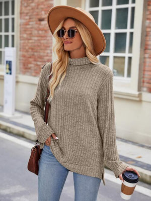 Ribbed Turtleneck Long Sleeve Slit Knit Top-Teresa's Fashionista LLC