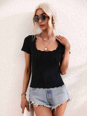 Scalloped Hem Square Neck Knit Top-Teresa's Fashionista LLC