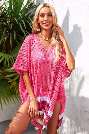 Rainbow Stripe Openwork Slit Cover-Up-Teresa's Fashionista LLC