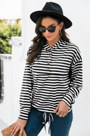 Striped Half-Button Dropped Shoulder Hoodie-Teresa's Fashionista LLC