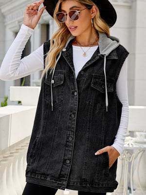 Drawstring Hooded Sleeveless Denim Top with Pockets-Teresa's Fashionista LLC