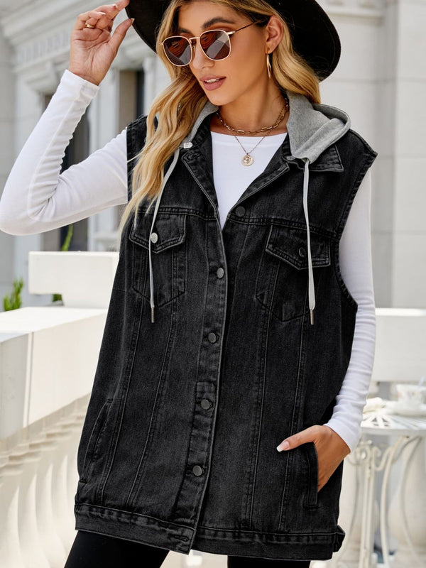 Drawstring Hooded Sleeveless Denim Top with Pockets-Teresa's Fashionista LLC