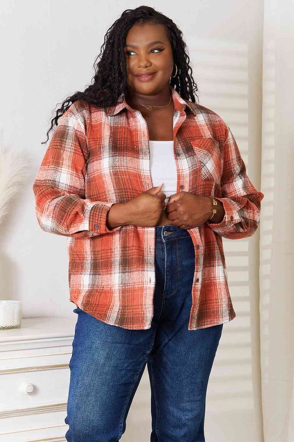 Double Take Plaid Collared Neck Long Sleeve Shirt-Teresa's Fashionista LLC