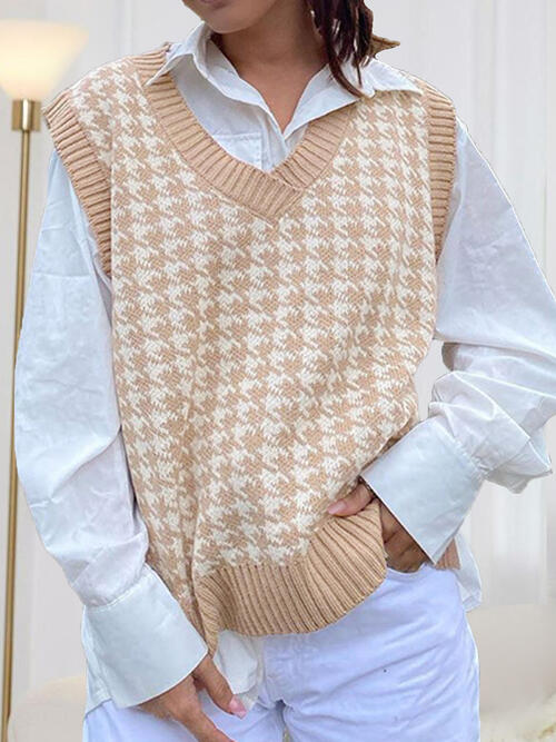 Houndstooth V-Neck Sweater Vet-Teresa's Fashionista LLC