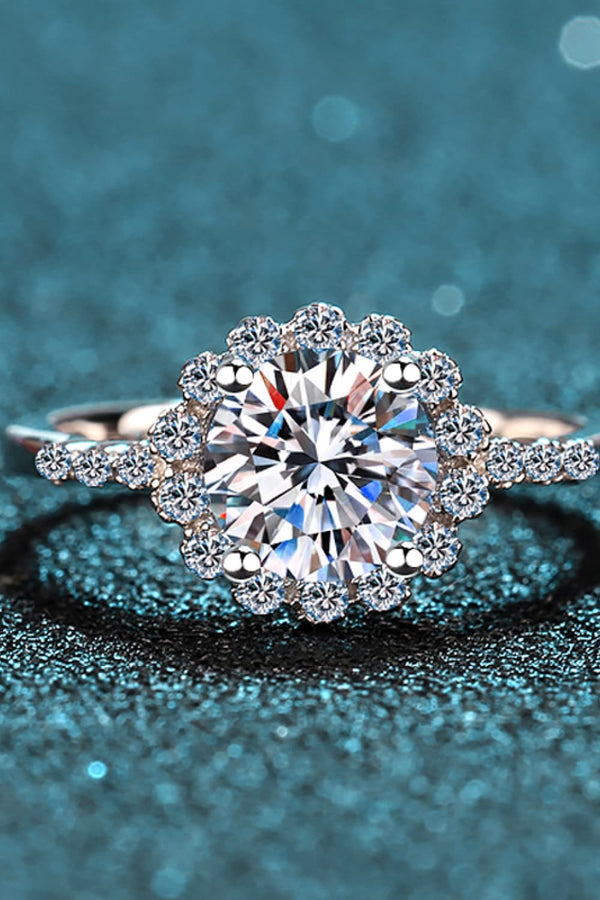 1 Carat Moissanite Rhodium-Plated Halo Ring-Teresa's Fashionista LLC