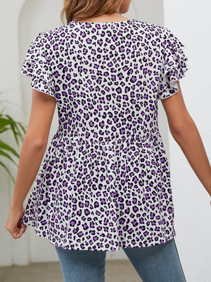 Leopard Round Neck Flutter Sleeve Babydoll Blouse-Teresa's Fashionista LLC