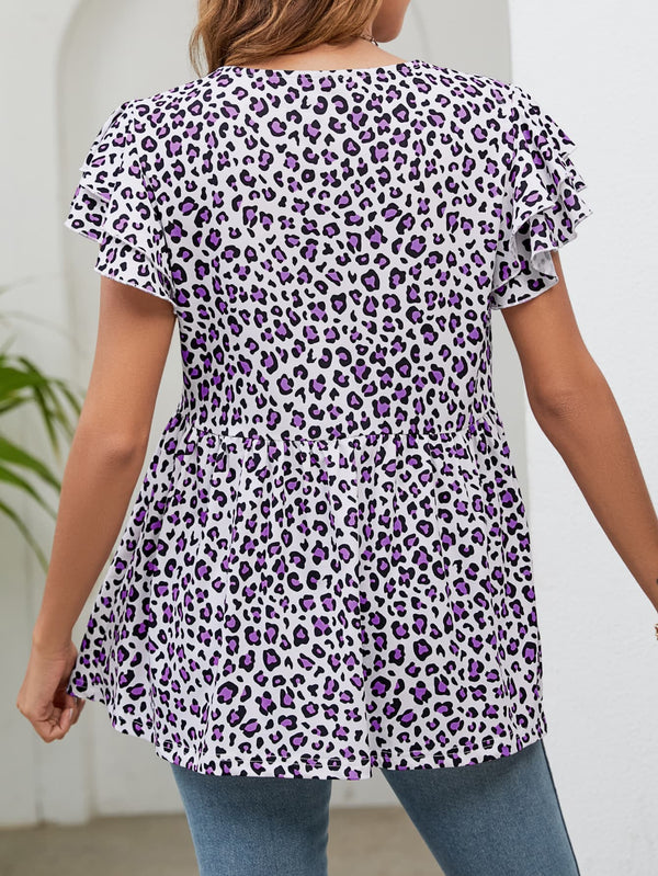 Leopard Round Neck Flutter Sleeve Babydoll Blouse-Teresa's Fashionista LLC