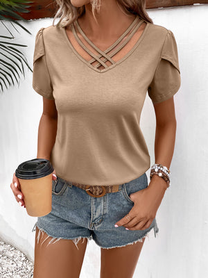 Strappy V-Neck Petal Sleeve Top-Teresa's Fashionista LLC