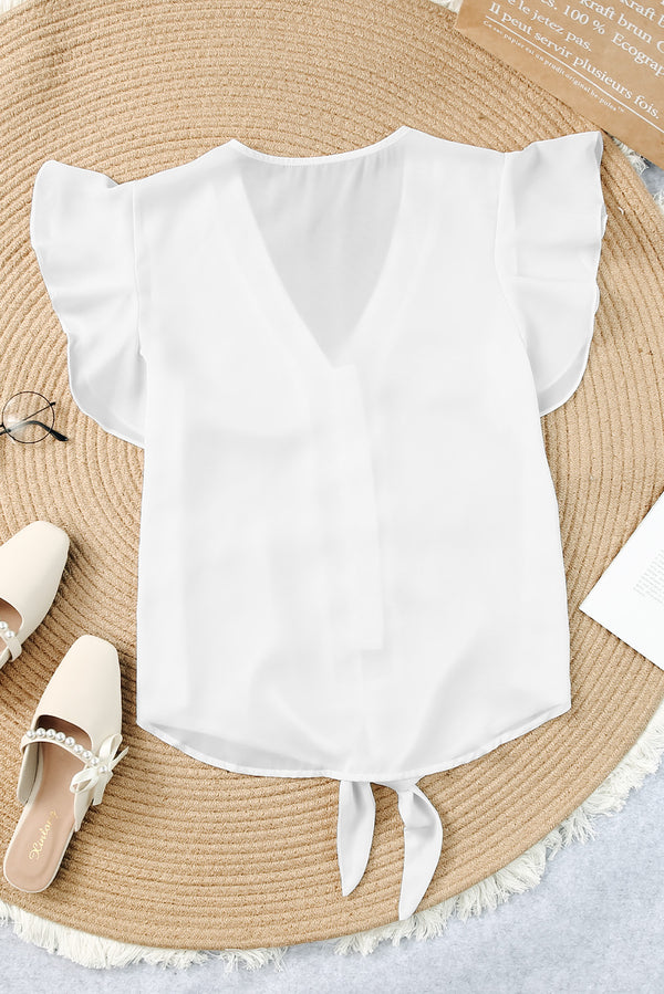 V-Neck Tie Hem Flutter Sleeve Blouse-Teresa's Fashionista LLC