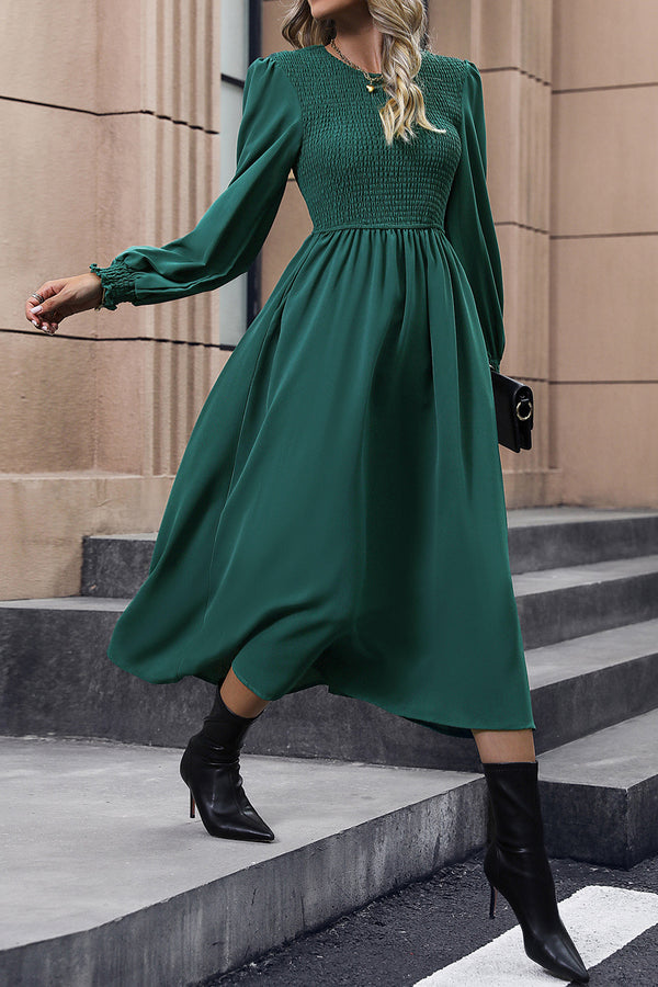 Smocked Long Sleeve Midi Dress-Teresa's Fashionista LLC