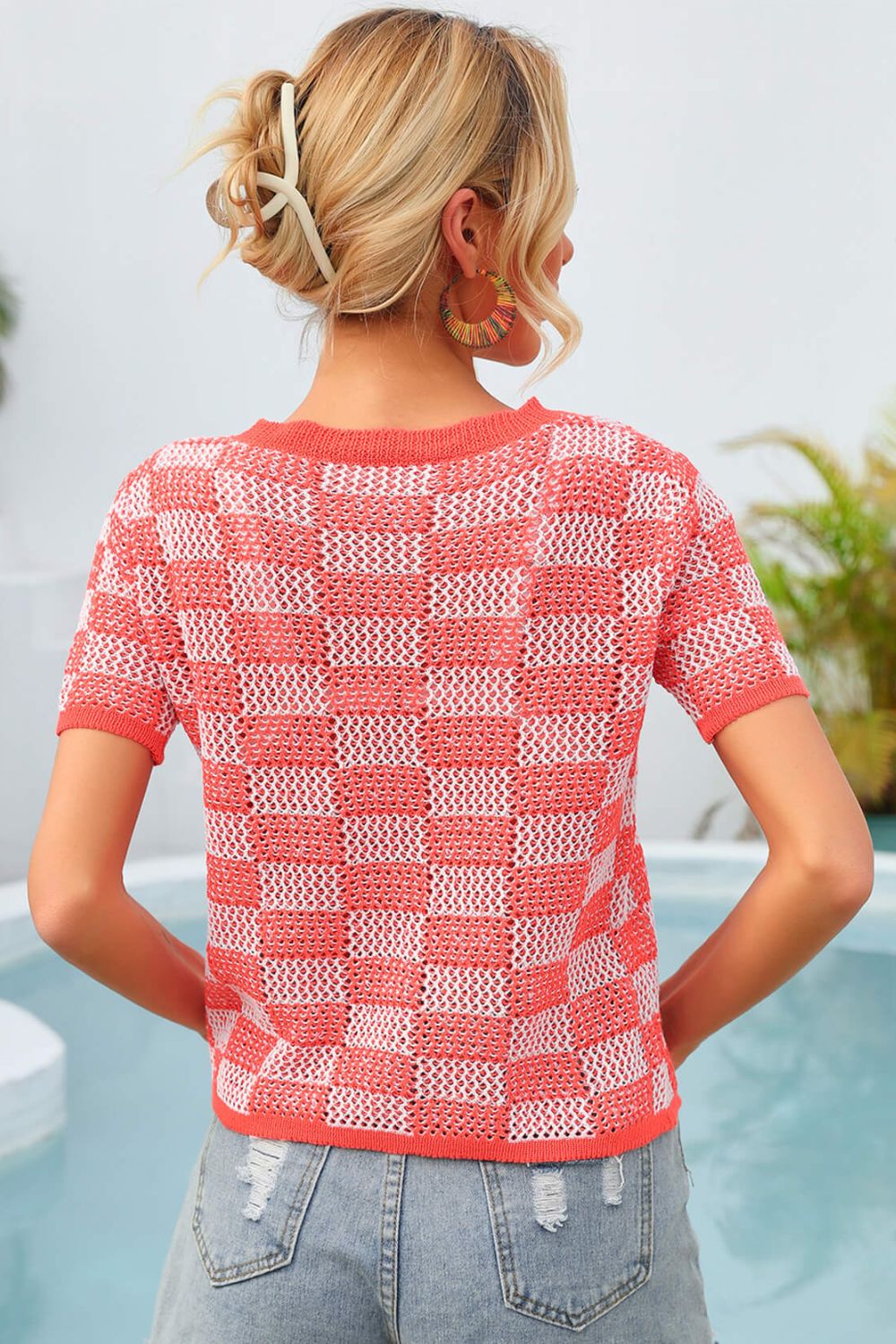 Checkered Short Sleeve Knit Top-Teresa's Fashionista LLC