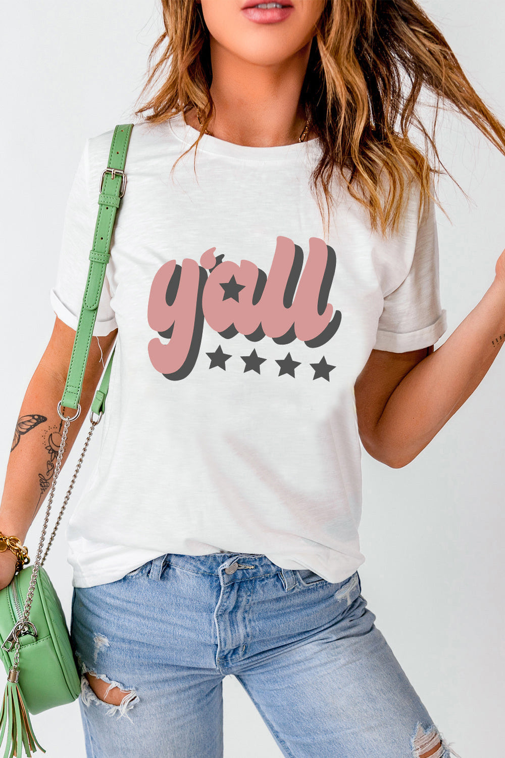 Y'ALL graphic round neck tee with short sleeves and casual style.