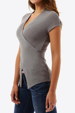 Ribbed Surplice Neck Slit Top-Teresa's Fashionista LLC