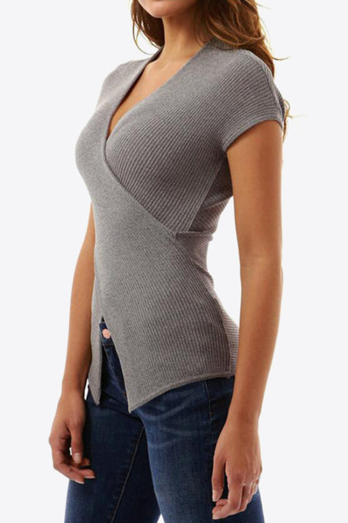 Ribbed Surplice Neck Slit Top-Teresa's Fashionista LLC