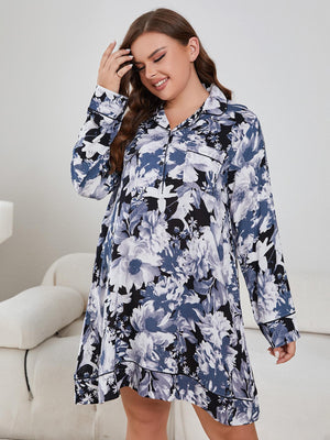 Plus Size Floral Lapel Collar Long Sleeve Night Dress-Teresa's Fashionista LLC