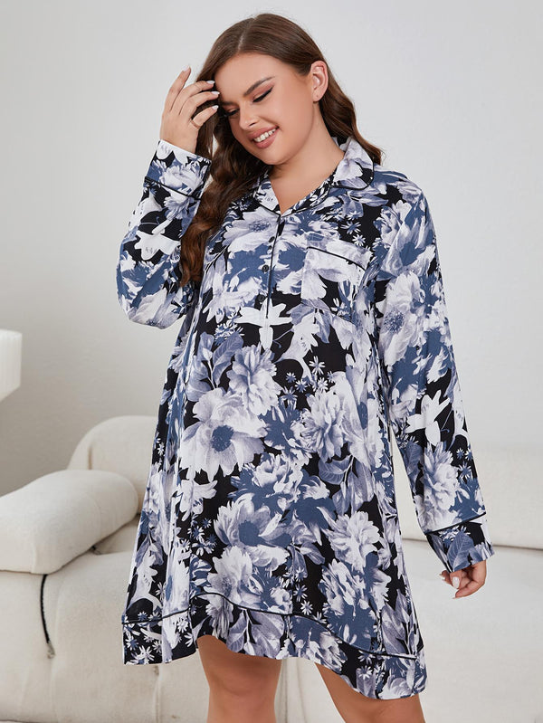 Plus Size Floral Lapel Collar Long Sleeve Night Dress-Teresa's Fashionista LLC