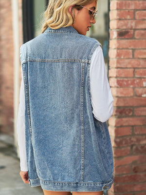 Collared Neck Sleeveless Denim Top with Pockets-Teresa's Fashionista LLC