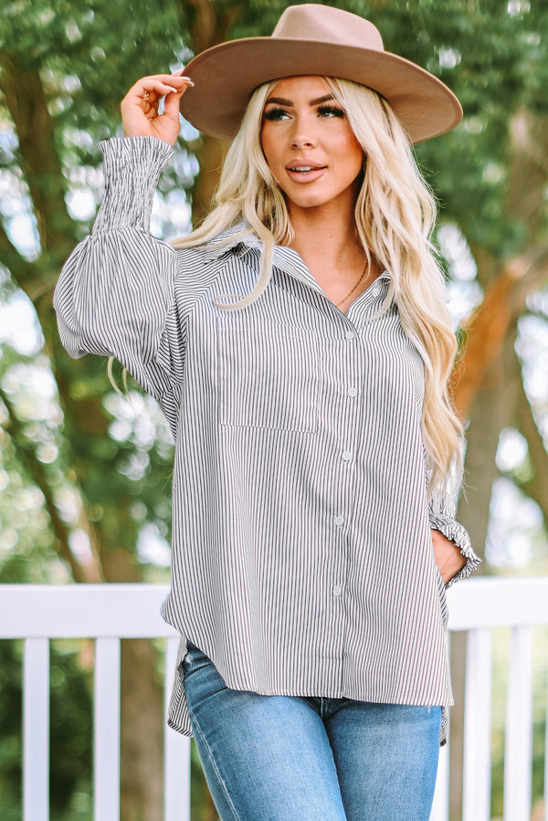 Striped Lantern Sleeve Collared Shirt-Teresa's Fashionista LLC