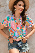 Multicolored Frill Trim V-Neck Flounce Sleeve Blouse-Teresa's Fashionista LLC