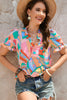 Multicolored Frill Trim V-Neck Flounce Sleeve Blouse-Teresa's Fashionista LLC