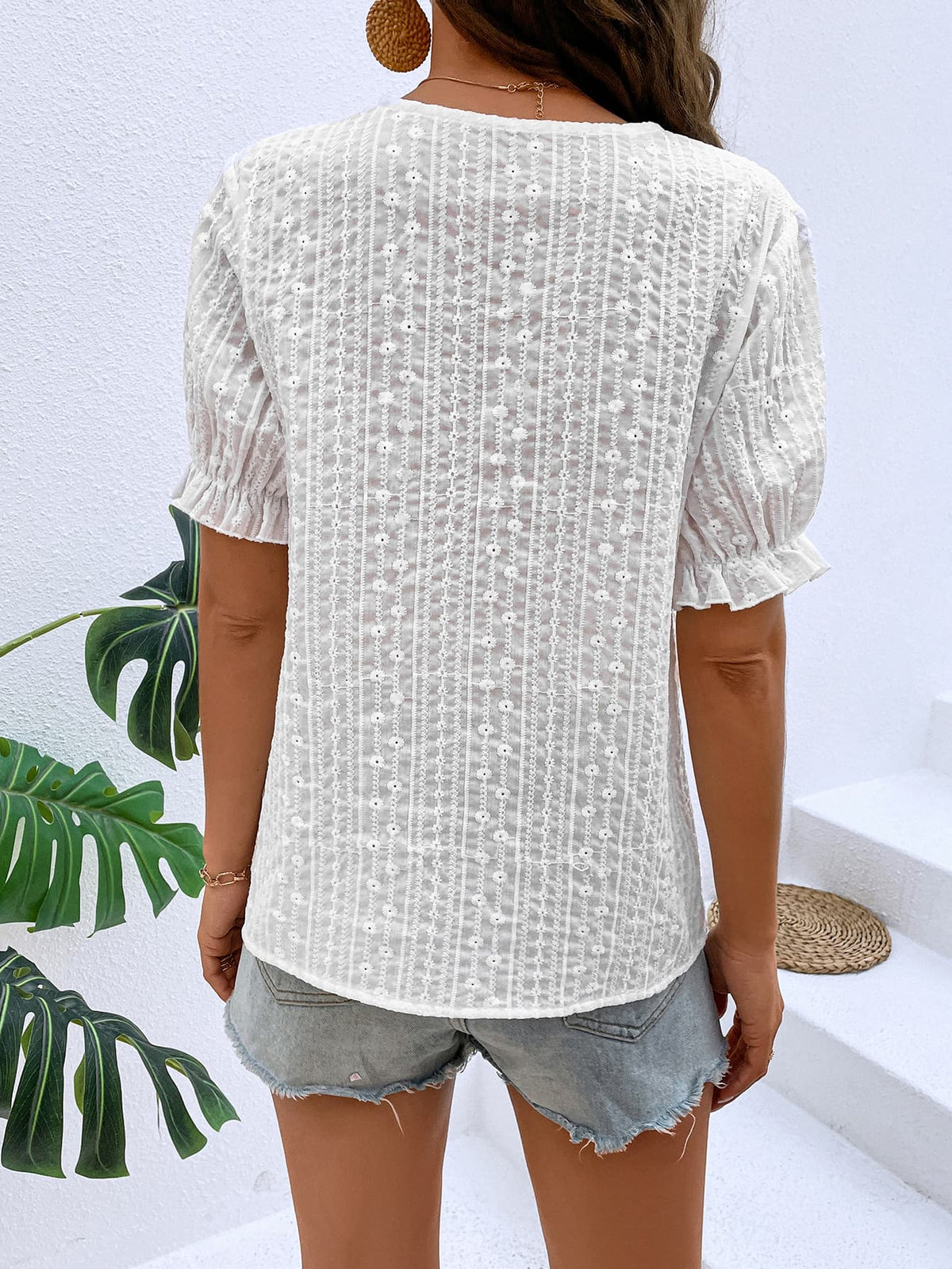 Buttoned V-Neck Flounce Sleeve Top-Teresa&#39;s Fashionista LLC