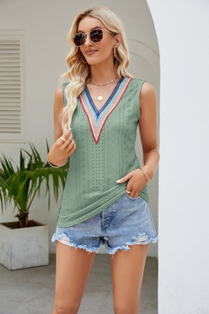Contrast V-Neck Eyelet Tank-Teresa's Fashionista LLC
