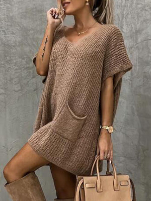 V-Neck Short Sleeve Sweater with Pockets-Teresa's Fashionista LLC