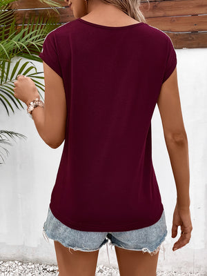 Spliced Lace V-Neck Twisted Hem Tee-Teresa's Fashionista LLC