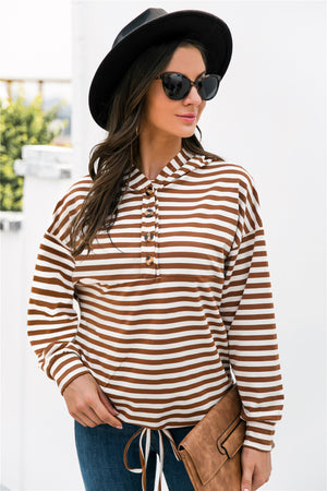 Striped Half-Button Dropped Shoulder Hoodie-Teresa's Fashionista LLC