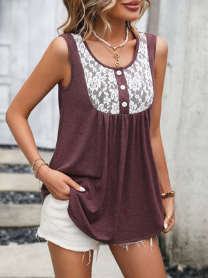 Lace Contrast Scoop Neck Tank-Teresa's Fashionista LLC