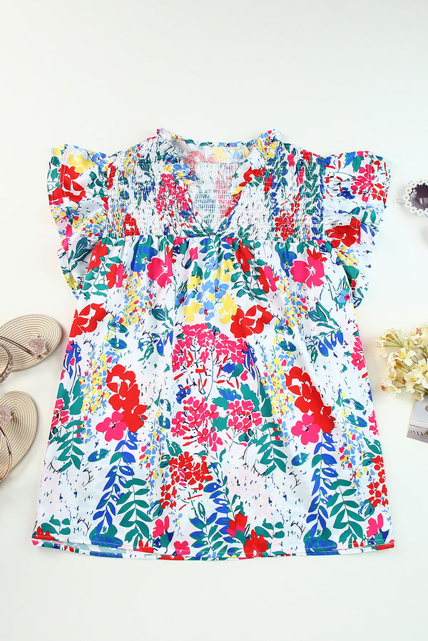 Plus Size Floral Smocked Flutter Sleeve Blouse-Teresa's Fashionista LLC
