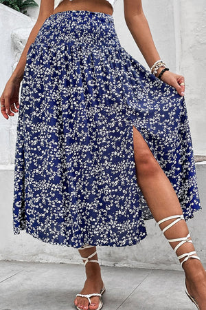 Navy ditsy floral high waist midi skirt with side slit and smocked waistband