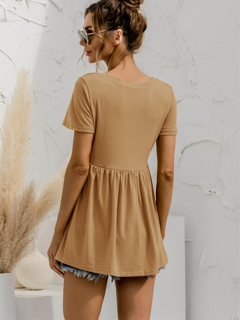 V-Neck Short Sleeve Babydoll Top-Teresa's Fashionista LLC