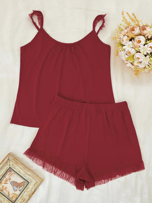 Gathered Detail Spliced Mesh Sleeveless Top and Shorts Lounge Set-Teresa's Fashionista LLC