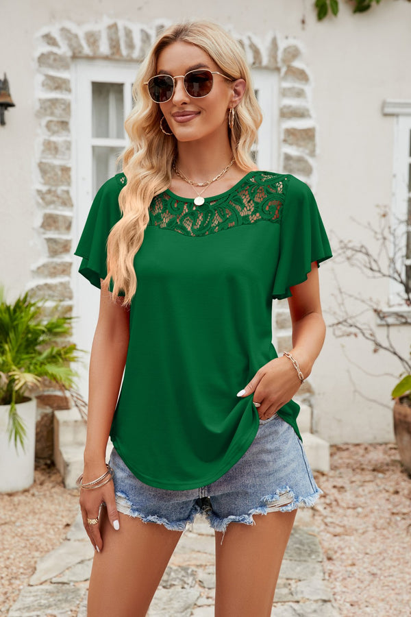 Spliced Lace Flutter Sleeve Top-Teresa's Fashionista LLC