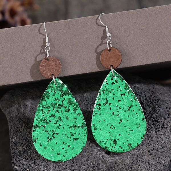 Sequin PU Leather Wooden Dangle Earrings-Teresa's Fashionista LLC