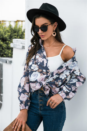 Floral Print Mock Neck Button Front Shirt-Teresa's Fashionista LLC
