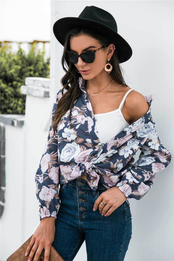 Floral Print Mock Neck Button Front Shirt-Teresa's Fashionista LLC