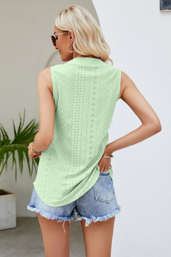 Notched Neck Curved Hem Eyelet Tank-Teresa's Fashionista LLC