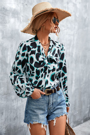 Printed Tie Neck Puff Sleeve Blouse-Teresa's Fashionista LLC