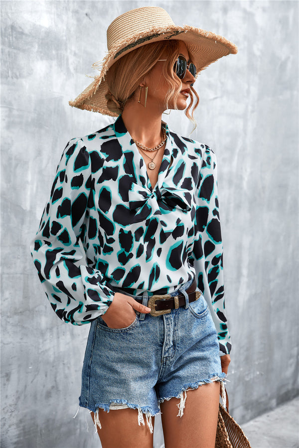 Printed Tie Neck Puff Sleeve Blouse-Teresa's Fashionista LLC