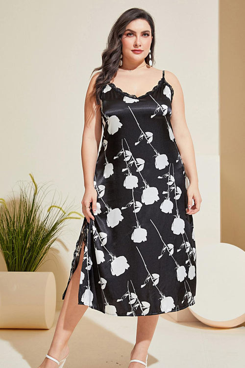 Plus Size Floral Lace Trim Side Slit Night Dress-Teresa's Fashionista LLC