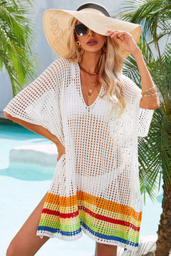 Rainbow Stripe Openwork Slit Cover-Up-Teresa's Fashionista LLC