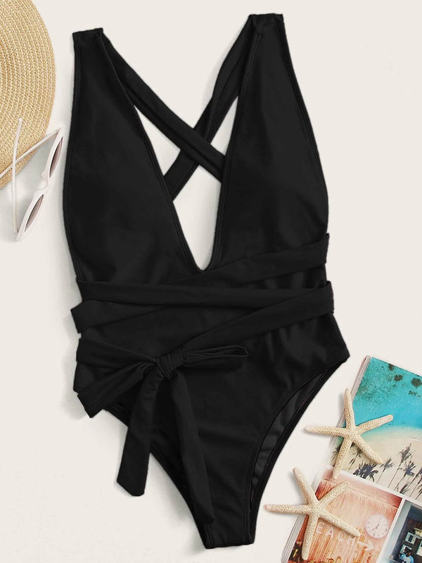 Halter Neck Deep V Tied One-Piece Swimsuit-Teresa's Fashionista LLC